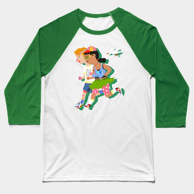 Running couple with bird Baseball T-Shirt by ezrawsmith